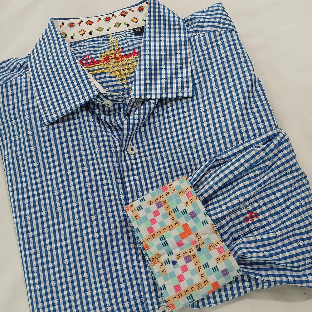 Robert Graham XL Flip Cuff Scrabble Tiles UNIQUE Blue/White Gingham Star Cotton